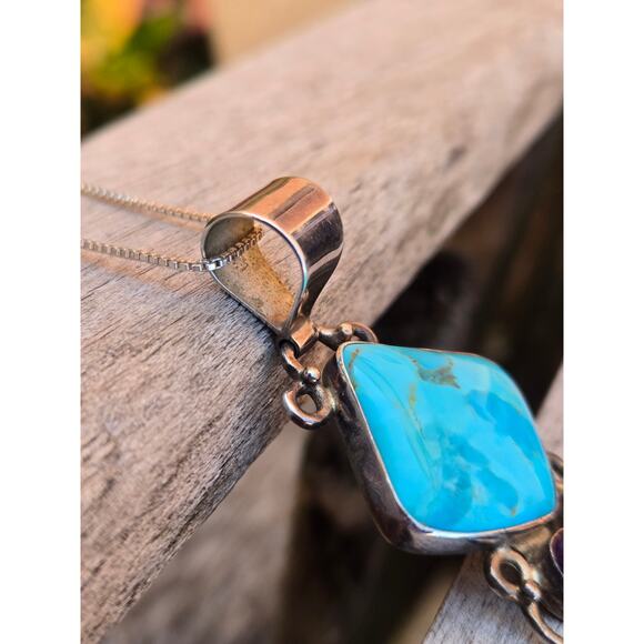 Vintage Jay King DTR Mine Finds Turquoise & Amethyst Heart Pendant Necklace 925 - Picture 8 of 10